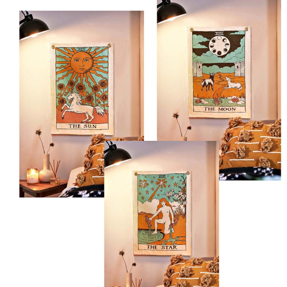 SET of 3 Twin Size Sun Moon Star Celestial Tarot Boho Decor Dorm Wall Tapestry